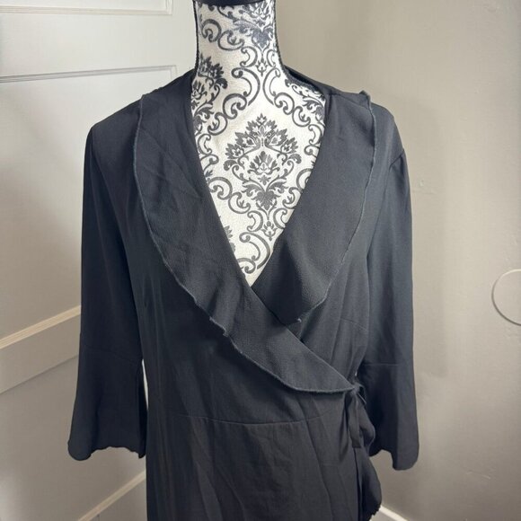 Outrageous Fortune Plus ruffle wrap dress with fluted sleeve in black - Picture 4 of 11